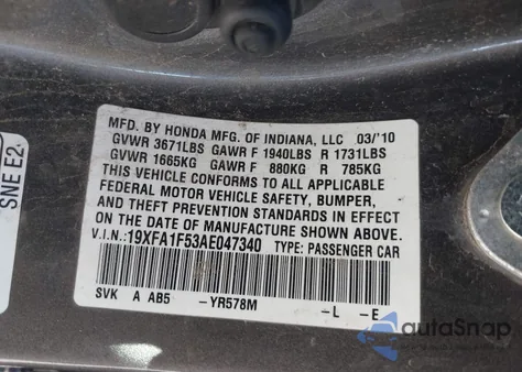2010 Honda Civic Lx z USA, uszkodzony, nr VIN 19XFA1F53AE047340